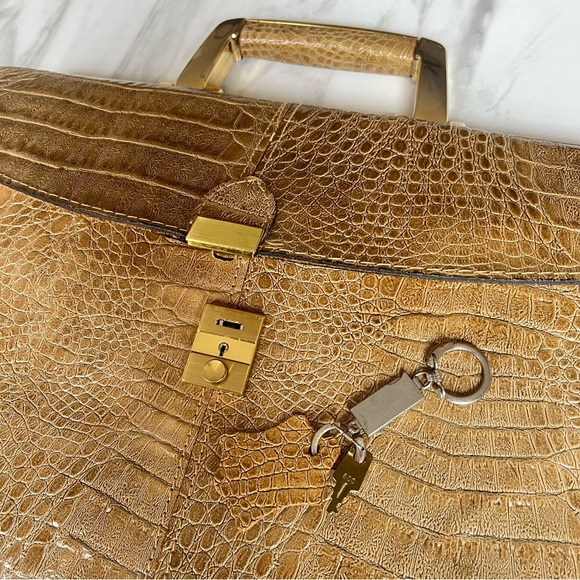 Vintage Amelia Berko 70s Leather Tan Crocodile Print Purse Bag + Key Golden VTG